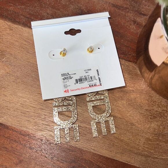 Celebrate Together Gold Tone Sparkle "Bride" Drop Earrings NWT Bachelorette Gift - Picture 3 of 5